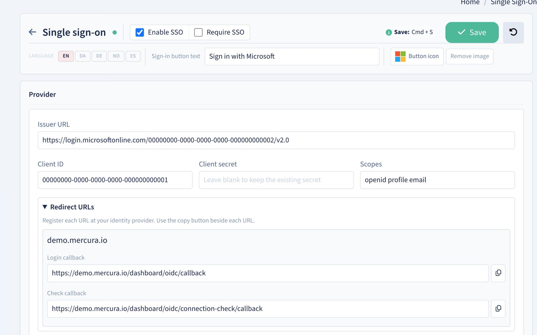 Single Sign-on settings with Microsoft Entra ID
